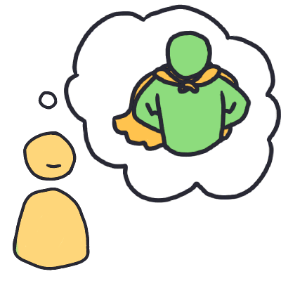  a figure with a slight smile thinking about another person, who has their hands on their hips and is wearing a cape. the person being thought about is green and has a gold cape.